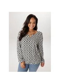 Langarmshirt ANISTON PLUS, Damen, Gr. 52, schwarz-wei&szlig; (schwarz, wei&szlig;), Single Jersey, Obermaterial: 95% Viskose, 5% Elasthan, figurumspielend Po-bedeckend, Rundhals, elastischer Bund mit Gummizug, Shirts Langarmshirt