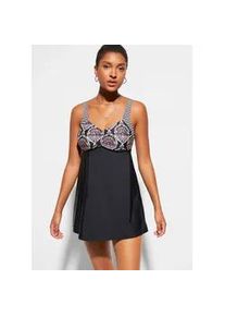 Tankini bonprix "Long-Tankini (2-tlg. Set) mit Highwaist-Bikinihose", Damen, Gr. 46, N-Gr, schwarz (schwarz graphisch), Obermaterial: 80% Polyamid, 20% Elasthan. Futter: 100% Polyester, bedruckt, unifarben mit Farbeins&auml;tzen, Bikini-Sets Tankini, sportlicher Stil, bequeme Passform, mit attraktivem Druck