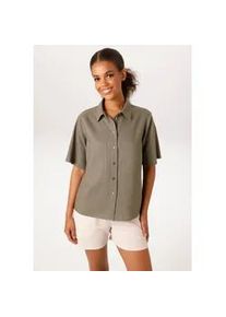 Kurzarmbluse Aniston CASUAL, Damen, Gr. 44, schlamm, Web;Leinenmischung, Obermaterial: 55% Leinen, 45% Viskose, unifarben, figurumspielend h&uuml;ftlang, Blusen, mit Leinen - NEUE KOLLEKTION