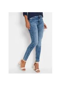 Skinny-fit-Jeans bonprix, Damen, Gr. 40, N-Gr, blau (blau denim), Obermaterial: 82% Baumwolle, 17% Polyester, 1% Elasthan, skinny fit, Jeans, Skinny fit Passform, Innenbeinl&auml;nge ca. 77,5 cm in Gr&ouml;&szlig;e 38