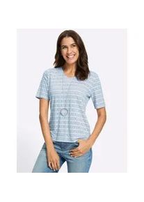 V-Shirt Inspirationen "V-Shirt", Damen, Gr. 54, ecru, hellblau, gemustert, 70% Polyester, 25% Viskose, 5% Elasthan, gemustert, gestreift, mehrfarbig, V-Ausschnitt, Shirts