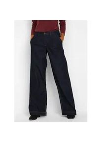 Weite Jeans bonprix "Wide-Leg-Jeans High Waist, Bequembund", Damen, Gr. 38, N-Gr, blau (dunkelblau denim), Obermaterial: 82% Baumwolle, 17% Polyester, 1% Elasthan, loose fit, Jeans, Loose Fit Passform, High Waist, mit Bundfalten, Topseller