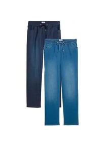 Schlupfjeans bonprix, Damen, Gr. 44, K-Gr, blau (hellblau denim, dunkelblau denim used (l&auml;nge kurz)), Denim/Jeans, Obermaterial: 98% Baumwolle, 2% Elasthan, unifarben, loose fit lang, Jeans Schlupfjeans, lockere loose fit Passform, elastischer Bund mit Kordelzug