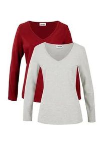 Langarmshirt bonprix "Figurbetontes Langarmshirt (2er Pack)", Damen, Gr. 48/50 (XL), rot (rubinrot, hellgrau meliert), Jersey, Obermaterial: 95% Baumwolle, 5% Elasthan, meliert, slim fit normal, tiefer V-Ausschnitt, Shirts Langarmshirt, Slim fit Passform, mit V-Ausschnitt, aus Baumwolle und Elasthan