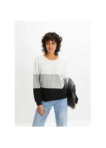 Langarmshirt bonprix, Damen, Gr. 36/38 (S), wei&szlig; (wollwei&szlig;, hellgrau, schwarz gestreift), Obermaterial: 69% Polyester, 28% Viskose, 3% Elasthan, l&auml;ssig geschnitten, Shirts Langarmshirt, l&auml;ssig geschnittene Passform, mit Rundhalsausschnitt