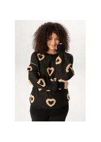 Strickpullover ANISTON PLUS, Damen, Gr. 52, schwarz, beige, Strick, Obermaterial: 35% Viskose, 30% Polyacryl, 20% Polyester, 15% Polyamid, figurumspielend, Rundhals, Strickb&uuml;ndchen, Pullover Strickpullover, mit aufgestrickten Herzen - NEUE KOLLEKTION