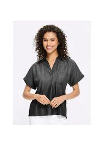 Kurzarmbluse Heine, Damen, Gr. 34, schwarz denim, 100% Baumwolle, unifarben, V-Ausschnitt, Blusen