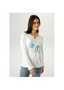 Langarmshirt Aniston SELECTED, Damen, Gr. 42, wei&szlig; (wollwei&szlig;, hellblau, silber, blau, schwarz, sand, glitzer), Single Jersey, Obermaterial: 95% Viskose, 5% Elasthan, Glitzermuster, bedruckt, figurumspielend h&uuml;ftbedeckend, Rundhals, elastischer Bund mit Gummizug, Shirts Langarmshirt, mit Cut-out und modischen Frontprint mit Glitzer - NEUE KOLLEKTION