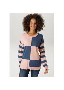 Strickpullover Aniston CASUAL, Damen, Gr. 40, gr&uuml;n (altrosa, jeansblau, meliert), Feinstrick, Obermaterial: 50% Viskose, 28% Polyester, 22% Polyamid, gemustert, geringelt, meliert, figurumspielend h&uuml;ftbedeckend, Rundhals, Rippstrickb&uuml;ndchen, Pullover Strickpullover, mit gro&szlig;fl&auml;chigem Patchmuster und geringelten &Auml;rmeln - NEUE KOLLEKTION