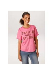 T-Shirt Aniston CASUAL, Damen, Gr. 40, pink (pink, braun), Single Jersey, Obermaterial: 100% Baumwolle, Abriebeffekte, bedruckt, figurumspielend h&uuml;ftlang, Rundhals, Shirts T-Shirt, in trendiger Oil-dyed-Waschung - NEUE KOLLEKTION