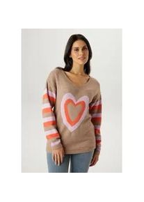 Strickpullover Aniston SELECTED, Damen, Gr. 42, braunbeige, orange, rosa, Strick, Obermaterial: 50% Viskose, 26% Polyamid, 24% Polyester, gemustert, h&uuml;ftbedeckend, V-Ausschnitt, Pullover Strickpullover, mit eingestrickten Herzen - NEUE KOLLEKTION