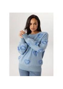 Strickpullover ANISTON PLUS, Damen, Gr. 48, hellblau, blau, Strick, Obermaterial: 35% Viskose, 30% Polyacryl, 20% Polyester, 15% Polyamid, figurumspielend, Rundhals, Strickb&uuml;ndchen, Pullover Strickpullover, mit aufgestrickten Herzen - NEUE KOLLEKTION