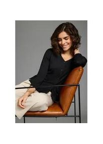 3/4-Arm-Shirt Laura Scott, Damen, Gr. 44/46, schwarz, Single Jersey, Obermaterial: 50% Baumwolle, 50% Modal, unifarben, Basic h&uuml;ftlang, V-Ausschnitt, mit Gummizug, Shirts 3/4-Arm-Shirt, Basic-Stil, mit V-Ausschnitt und durchgehender Knopfleiste