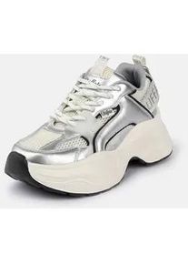 Plateausneaker Buffalo "Yuno one", Damen, Gr. 41, wei&szlig;, schwarz, silberfarben, Lederimitat, Textil, metallic, Schuhe Plateausneaker, Halbschuh, Schn&uuml;rschuh, Retro-Sneaker mit Memory Foam Innensohle