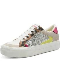 Plateausneaker Tamaris, Damen, Gr. 38, leo kombiniert, Lederimitat, Textil, kontrastfarbene Details, Schuhe Plateausneaker, Freizeitschuh, Halbschuh, Schn&uuml;rer mit Kontrastbes&auml;tzen und Glitzer
