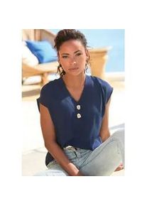 Schlupfbluse Lascana, Damen, Gr. 44, marine, Web, Obermaterial: 100% Viskose, unifarben, figurumspielend h&uuml;ftlang, V-Ausschnitt, Blusen Schlupfbluse, mit modischen Kn&ouml;pfen, luftige Kurzarmbluse, sommerlich