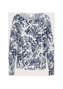 Madeleine Mode Longpullover MADELEINE "Feinstrickpullover Viskoseshirt mit floralem Muster", Damen, Gr. 44/46, wei&szlig; (wollwei&szlig;, marine, multicolor), Obermaterial: 80% Viskose CV. 20% Polyamid PA., Modern, gerade, Pullover Longpullover, Rippenb&uuml;ndchen