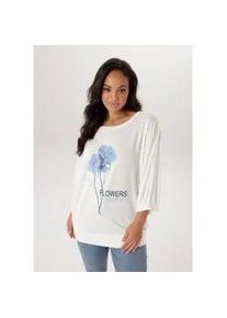 Fledermausshirt ANISTON PLUS, Damen, Gr. 44, wei&szlig;, blau, Single Jersey, Obermaterial: 95% Viskose, 5% Elasthan, bedruckt, gebl&uuml;mt, figurumspielend Po-bedeckend, Rundhals, Fledermaus&auml;rmel, Shirts Fledermausshirt