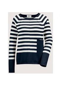 Madeleine Mode Longpullover MADELEINE "Strickpullover Eleganter Streifenpullover mit Rollkanten", Damen, Gr. 34, blau (marine, wollwei&szlig;), Obermaterial: 80% Baumwolle CO. 20% Polyamid PA., Modern, Pullover Longpullover, Hautsympathisches Naturgarn