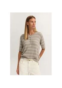 Rundhalspullover Bugatti "Gestreift", Damen, Gr. M, 50, beige, Rippstrick, 80% Baumwolle, 20% Polyamid, gestreift, regular fit, Rundhals, Pullover Rundhalspullover, mit kurzem Arm und Knopfleiste