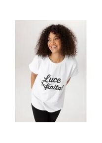 T-Shirt ANISTON PLUS, Damen, Gr. 46, wei&szlig;, schwarz, Single Jersey, Obermaterial: 95% Baumwolle, 5% Elasthan, unifarben, figurumspielend Po-bedeckend, Rundhals, Umschlagbund, Shirts T-Shirt, mit schwarzen Glitzer Schriftzug - NEUE KOLLEKTION