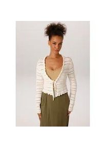 Strickjacke Aniston CASUAL, Damen, Gr. 46, wollwei&szlig;, Strick, Obermaterial: 100% Baumwolle, unifarben, figurumspielend taillenlang, V-Ausschnitt, gewellter Abschluss, Strickjacken Strickjacke, im trendigen Ajour-Muster-Mix - NEUE KOLLEKTION