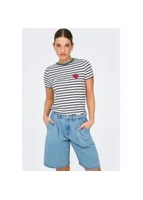 Kurzarmshirt Only "ONLHEART LIFE S/S TEE JRS NOOS", Damen, Gr. L, cloud dancer stripes:night sky, strawberry, Jersey, Obermaterial: 95% Viskose, 5% Elasthan, gestreift, regular fit normal, Rundhals, Shirts