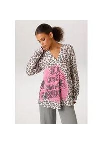 Schlupfbluse Aniston CASUAL, Damen, Gr. 40, bunt (wollwei&szlig;, oliv, pink, altosa), Web, Obermaterial: 100% Viskose, bedruckt, l&auml;ssig geschnitten h&uuml;ftbedeckend, V-Ausschnitt, 1-Knopf-Manschette, Blusen Schlupfbluse, mit Statement-Schriftz&uuml;gen und coolen Leoprint - NEUE KOLLEKTION