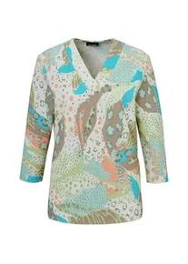 Print-Shirt GOLDNER "Kurzgr&ouml;&szlig;e Sweatshirt mit 3/4-&Auml;rmeln", Damen, Gr. 22, gr&uuml;n (graugr&uuml;n, gemustert), Obermaterial: 50% Baumwolle CO. 47% Polyester PES. 3% Elasthan EL., Sonstiges, Shirts, keine/nicht relevant