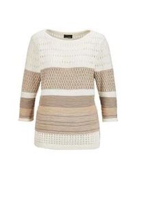 Rundhalspullover GOLDNER "Strukturpullover mit 3/4-Arm und U-Boot-Ausschnitt", Damen, Gr. 44, wei&szlig; (cremewei&szlig;, gemustert), Obermaterial: 39% Viskose CV. 30% Baumwolle CO. 30% Polyacryl PAN. 1% metallisierte Fasern MTF., gerade, Rollkante, Pullover Rundhalspullover, Strukturstrick.