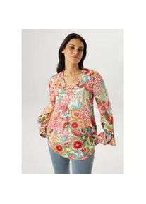 Schlupfbluse Aniston SELECTED, Damen, Gr. 36, pink, ocker, rosa, t&uuml;rkis, limone, terra, schwarz, Web, Obermaterial: 100% Viskose, gebl&uuml;mt, gemustert, oversize Po-bedeckend, V-Ausschnitt, ausgestellter Saum, Blusen Schlupfbluse, mit langen, weit ausgestellten Trompeten&auml;rmeln - NEUE KOLLEKTION