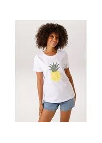 T-Shirt Aniston CASUAL, Damen, Gr. 44, wei&szlig;, gelb, gr&uuml;n, Single Jersey, Obermaterial: 95% Baumwolle, 5% Elasthan, Glitzermuster, bestickt, figurumspielend h&uuml;ftlang, Rundhals, Shirts T-Shirt, mit Glitzersteinchen verzierter Ananas-Applikation - NEUE KOLLEKTION