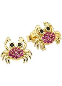 Paar Ohrstecker Firetti "Krabben-Desgin Silber gelbgoldfarben vergoldet", gelbgoldfarben, rot, schwarz, rot, schwarz, Ohrringe, Damen, Silber 925 (Sterlingsilber), mit Zirkonia (synth.)