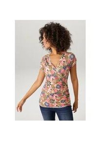 T-Shirt Aniston CASUAL, Damen, Gr. 34, pink, jeansblau, wollwei&szlig;, gr&uuml;n, oliv, gelb, rosa, braun, sand, Single Jersey, Obermaterial: 95% Viskose, 5% Elasthan, bedruckt, gebl&uuml;mt, figurbetont h&uuml;ftlang, V-Ausschnitt, B&uuml;ndchen, Shirts T-Shirt, mit farbenfrohen Bl&uuml;ten bedruckt - NEUE KOLLEKTION