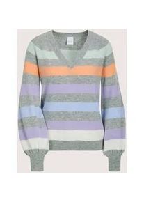 Madeleine Mode Longpullover MADELEINE "Feinstrickpullover Sommerpulli mit Streifen-Muster", Damen, Gr. 36/38, grau (silbergrau, melange, multicolor), Obermaterial: 90% Schurwolle WV. 10% Kaschmir WS., Modern, gerade, Pullover Longpullover, Gerippte Abschl&uuml;sse