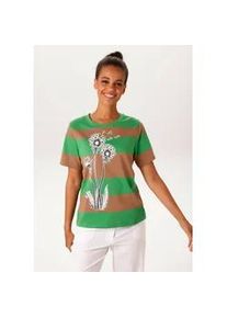 T-Shirt Aniston CASUAL, Damen, Gr. 46, gr&uuml;n (gr&uuml;n, camelfarben, wollwei&szlig;, anthrazit), Single Jersey, Obermaterial: 100% Baumwolle, gebl&uuml;mt, gestreift, l&auml;ssig geschnitten h&uuml;ftlang, Rundhals, Shirts T-Shirt, mit gro&szlig;fl&auml;chiger "Puste"-Blume bedruckt - NEUE KOLLEKTION