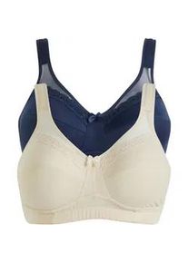 Entlastungs-BH bonprix, Damen, Gr. 110, Cup D, beige (sandbeige, dunkelblau), Obermaterial: 86% Polyamid, 14% Elasthan. Futter: 100% Baumwolle. Spitze: 87% Polyamid, 13% Elasthan, unifarben, BHs Entlastungs-BH, im praktischen 2er-Pack, mit breiten, gepolsterten Tr&auml;gern