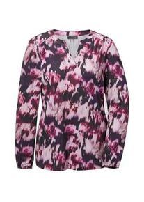 Kurzarmbluse GOLDNER "Kurzgr&ouml;&szlig;e Elegantes Blusenshirt mit V-Ausschnitt", Damen, Gr. 24, pink (beere, gemustert), Obermaterial: 95% Polyester PES. 5% Elasthan EL., Gummib&uuml;ndchen, Blusen, Schulterpasse mit Kr&auml;uselung