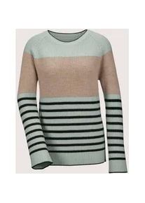 Madeleine Mode Longpullover MADELEINE "Pullover Schurwoll-Pullover mit Perlfang-Struktur", Damen, Gr. 36/38, wei&szlig; (wollwei&szlig;, hellsalbeigr&uuml;n, multicolor), Obermaterial: 100% Schurwolle WV., Modern, normal, Pullover Longpullover