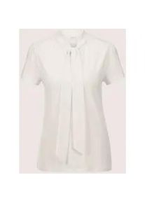 Madeleine Mode Kurzarmshirt MADELEINE "Blusenshirt Kurzarmoberteil mit Schluppe", Damen, Gr. 46, wei&szlig; (wollwei&szlig;), Obermaterial: 95% Viskose CV. 5% Elasthan EL., Modern, normal, Shirts, Glanzb&auml;nder die zur Schluppe gebunden werden
