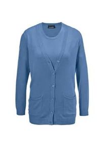 Strickpullover GOLDNER "Kurzgr&ouml;&szlig;e Klassisches Stricktwinset", Damen, Gr. 21, blau (jeansblau), Obermaterial: 50% Baumwolle CO. 50% Polyacryl PAN., normal, Rippe, Pullover Strickpullover, Pulli und Jacke im Set - auch einzeln kombinierba