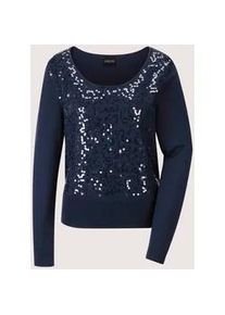Madeleine Mode Longpullover MADELEINE "Pullover Rundhals-Pullover mit Glanz-Effekt", Damen, Gr. 36/38, blau (marine), Obermaterial: 100% Schurwolle WV., Modern, normal, Pullover Longpullover