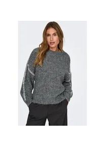 Jacqueline de Yong Rundhalspullover JDY "JDYZOEY LIFE L/S ON STITCH PULL KNT NOOS", Damen, Gr. S, dunkelgrau melange detail:with birch stitch, Strick, Obermaterial: 70% Polyester, 21% Nylon, 8% Wolle, 1% Elasthan, unifarben mit Farbeinsatz, oversize h&uuml;ftlang, Rundhals, Strickb&uuml;ndchen, Pullover Rundhalspullover, mit dekorativen Ziern&auml;hten