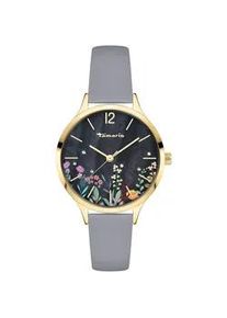 Quarzuhr Tamaris "Romantic Flowers", grau, Armbanduhren, Damen, Quarzuhr, Armbanduhr, Damenuhr, Lederarmband, analog, Zirkonia (synth.)