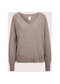Madeleine Mode Longpullover MADELEINE "Pullover V-Pullover mit Kaschmir", Damen, Gr. 34, beige (cappuccino), Obermaterial: 90% Schurwolle WV. 10% Kaschmir WS., Modern, normal, Pullover Longpullover