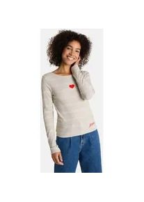 LIEBLINGSST&Uuml;CK Langarmshirt LIEBLINGSST&Uuml;CK "SinaL", Damen, Gr. XS, beige, Rippstrick, Obermaterial: 95% Baumwolle, 5% Elasthan, gemustert, gestreift, mehrfarbig, regular fit normal, Rundhals, abgesteppte Kante, Shirts Langarmshirt, mit Herzmotiv und Streifen