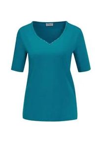 Langarm-Poloshirt GOLDNER "Kurzgr&ouml;&szlig;e Halbarm Basic-Shirt aus Baumwolle", Damen, Gr. 22, blau (petrol), Obermaterial: 95% Baumwolle CO. 5% Elasthan EL., Tubular, Shirts, Ausschnitt in Herzform mit Schmucksteinen verziert