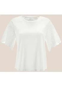 Madeleine Mode Shirtbluse MADELEINE "Blusenshirt Kurzes Blusen-Shirt im Material-Mix", Damen, Gr. 46, wei&szlig;, Obermaterial: 95% Baumwolle CO. 5% Elasthan EL., Modern, normal, Blusen
