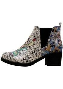 Stiefelette DOGO "Eve Boots Frida-Kahlo-with-Blue-Flowers", Damen, Gr. 38, Normalschaft, beige, Lederimitat, Schuhe Stiefelette, Handgefertigt