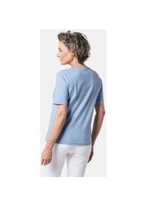 Langarm-Poloshirt GOLDNER "Kurzgr&ouml;&szlig;e Halbarm Basic-Shirt aus Baumwolle", Damen, Gr. 24, blau (hellblau), Obermaterial: 95% Baumwolle CO. 5% Elasthan EL., Tubular, Shirts, Ausschnitt in Herzform mit Schmucksteinen verziert